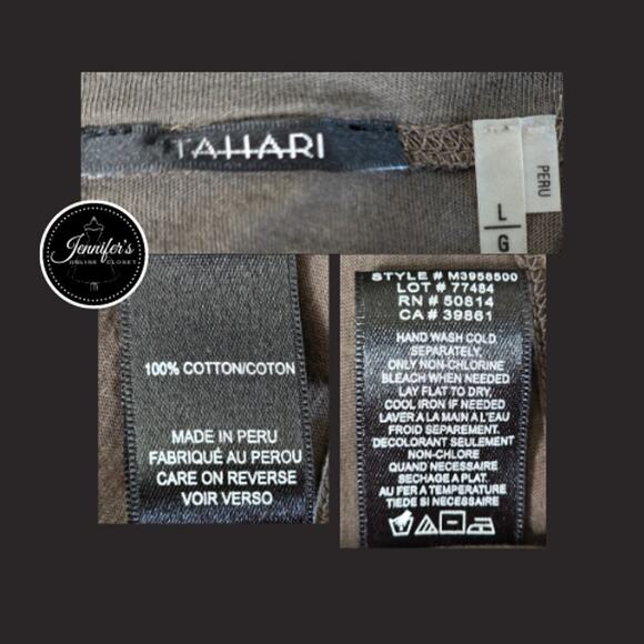 3/$30 Tahari Brown with Metallic Gold Floral Graphic Cap Sleeve Top Size Large - Picture 7 of 9